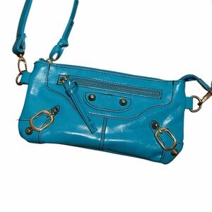 Coco + Carmen leather blue Turquoise Crossbody Bag with Gold Accents